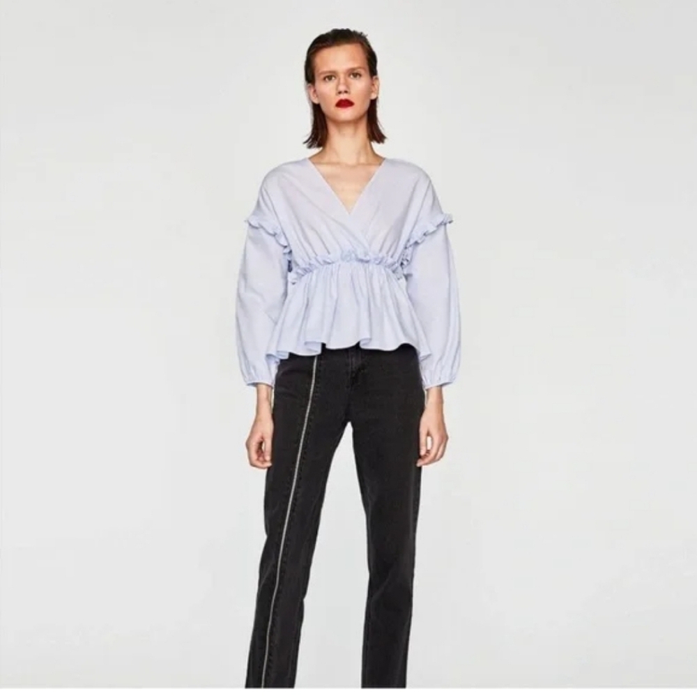 NWOT Zara light blue ruffle long sleeve top  size small.